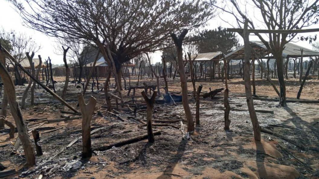 A burnt out village, showing blackened trees and some simple structures in the background.