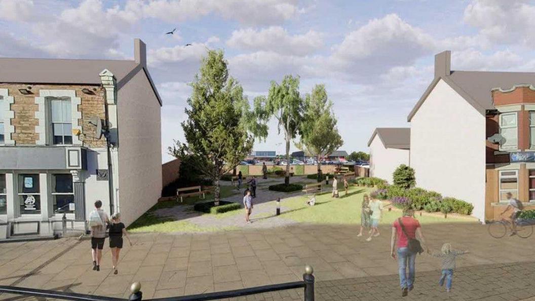 An artist's impression of how Spennymoor's Festival Walk site could look. The image shows people walking along a street with landscaping and trees covering an area between some buildings.
