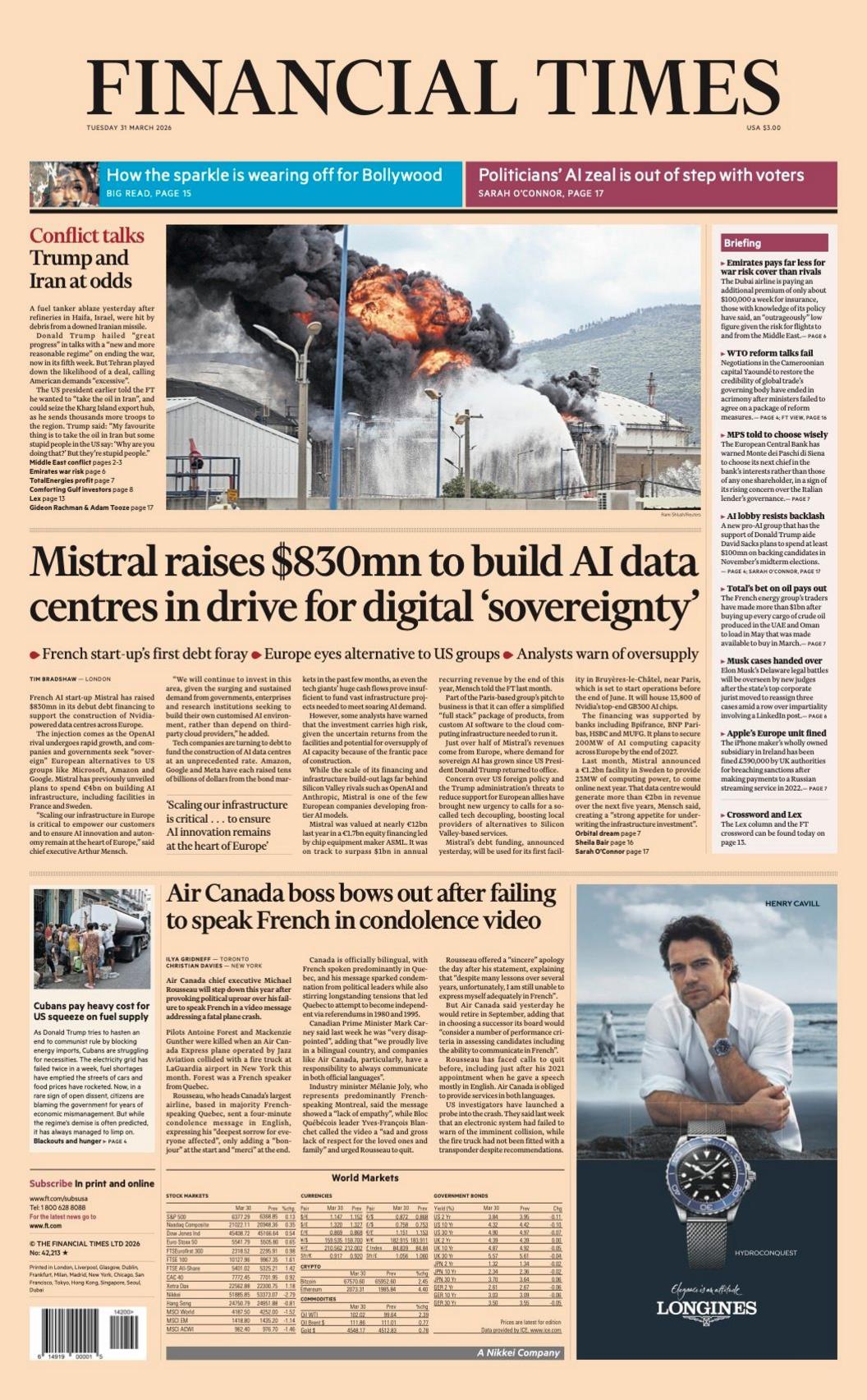 Titulli në faqen e parë të Financial Times thotë: “Mistral mbledh 830 milionë dollarë për të ndërtuar qendra të të dhënave të inteligjencës artificiale në përpjekje për ‘sovranitet’ dixhital”.