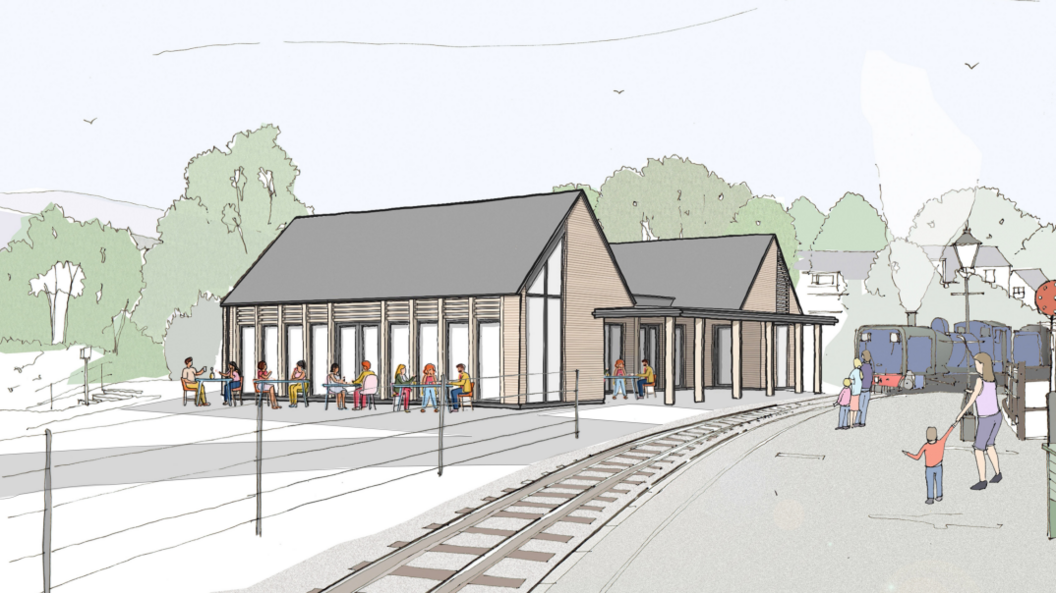 Dyluniad o sut y byddai'r orsaf yn edrych ar ei newydd wedd