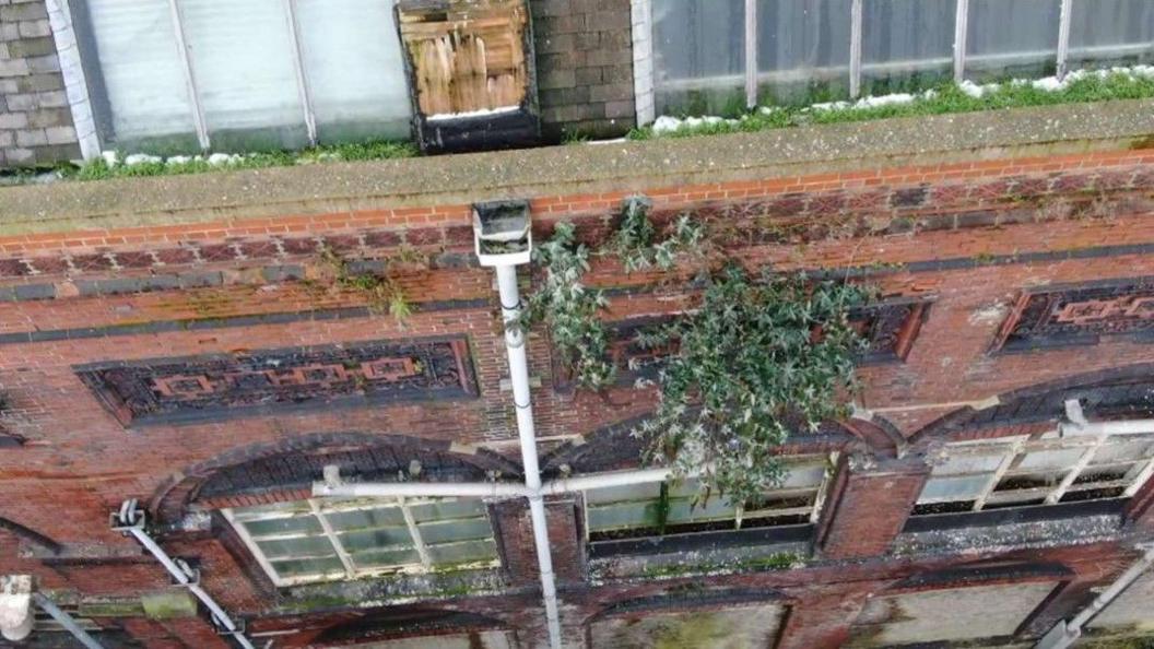 An aerial view of a red brick building with numerous broken window panes and vegetation growing up parts of the building.