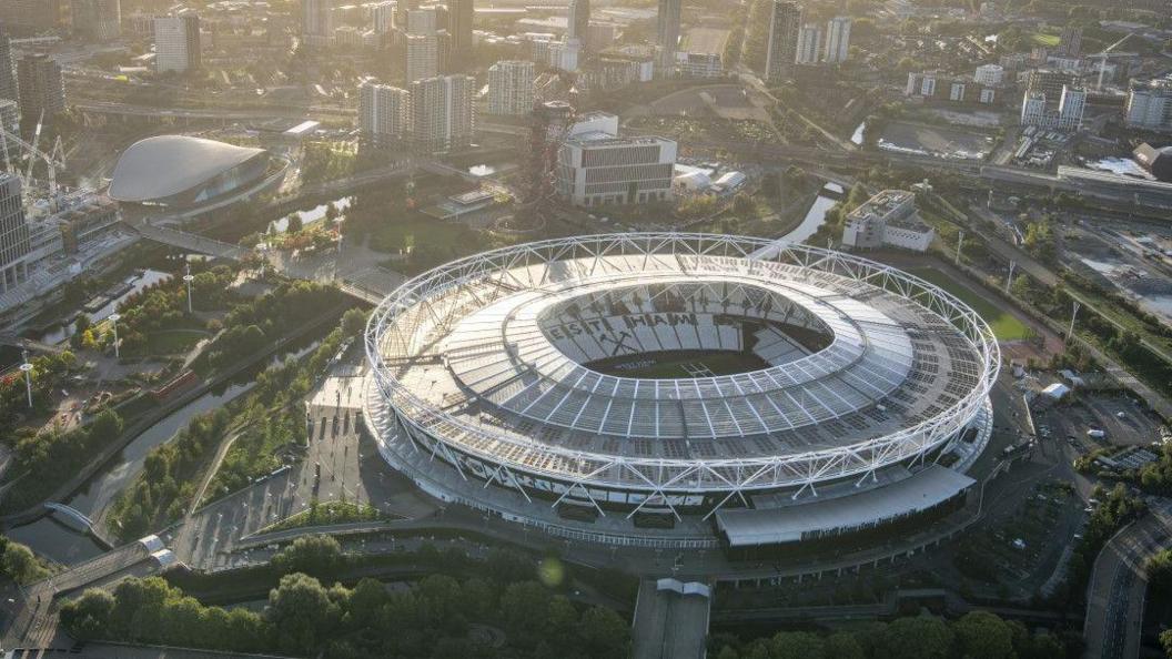 A CGI concept image of the London Stadium once the solar membrane is complete. It shows the stadium from high above with part of the Stratford skyline in view