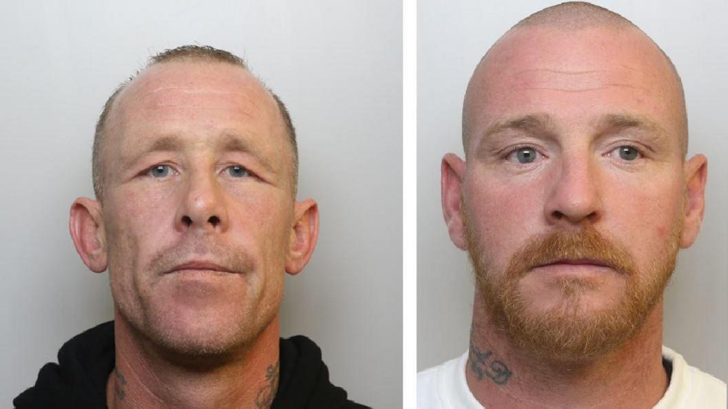 A side by side collage of the mugshots of Craig Timbrell (on the left) and Bradley McCarthy (on the right). Timbrell is wearing a black hoodie and has short hair and a shaven face, with neck tattoos on both sides. McCarthy is wearing a white crew neck t-shirt, has shaven hair and a ginger goatee style beard, with a neck tattoo visible on his right side