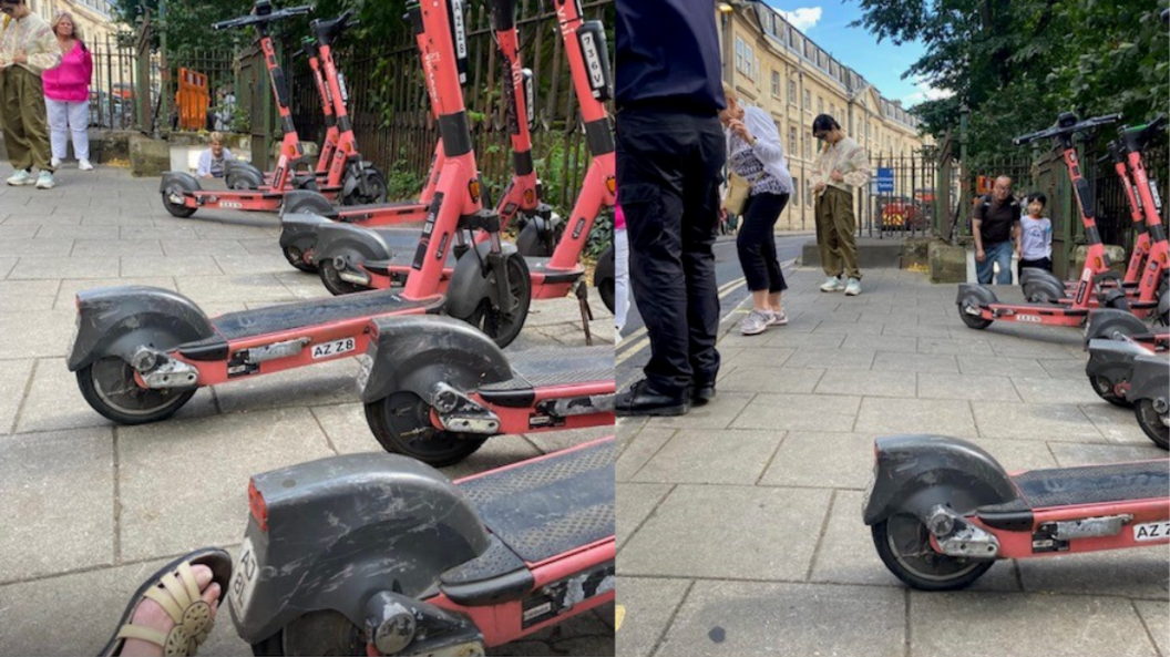 A collage of two images showing the e-scooter that Mrs Millet tripped over being parked out of line. On the picture on the left, a part of a leg could be seen on the ground. People can be seen in front of the camera on both pictures.