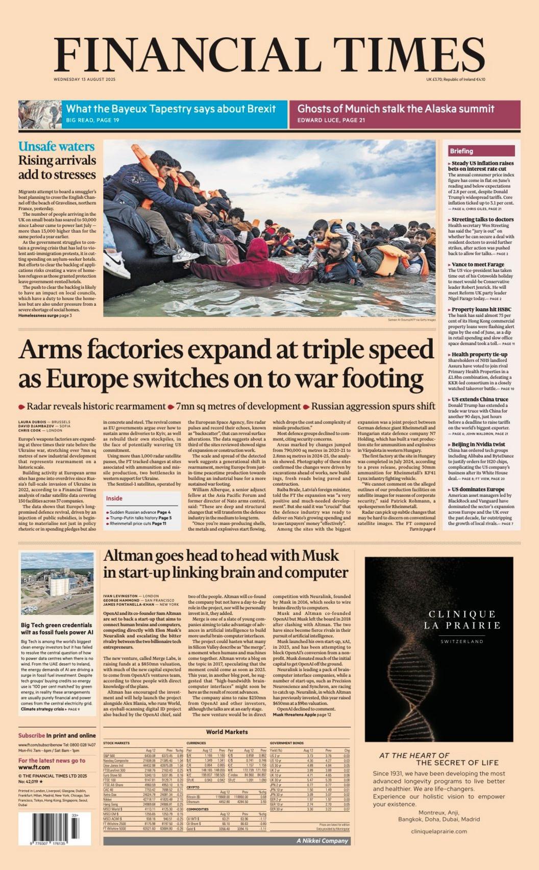 The headline on the front page of the Financial Times reads: “Arms factories expand at triple speed as Europe switches on to war footing”