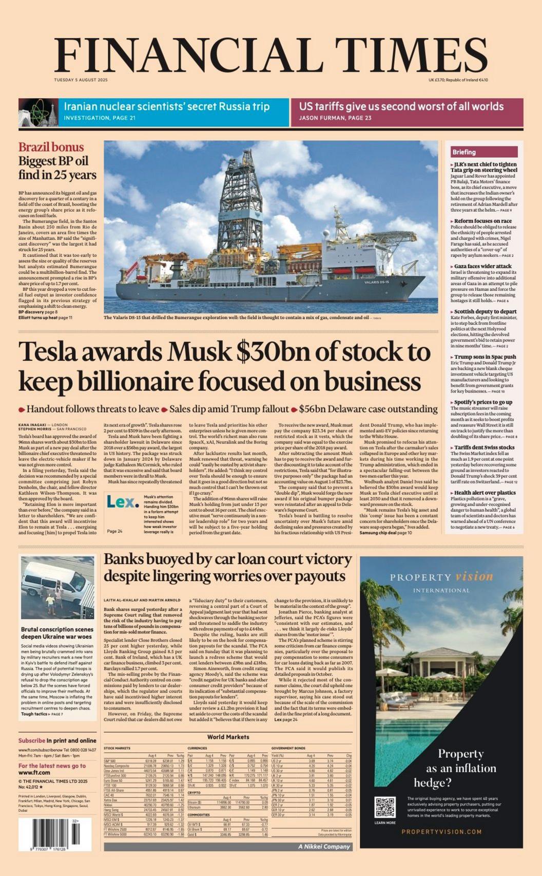 The headline on the front page of the Financial Times reads: "Tesla awards Musk $30bn of stock to keep billionaire focused on business".