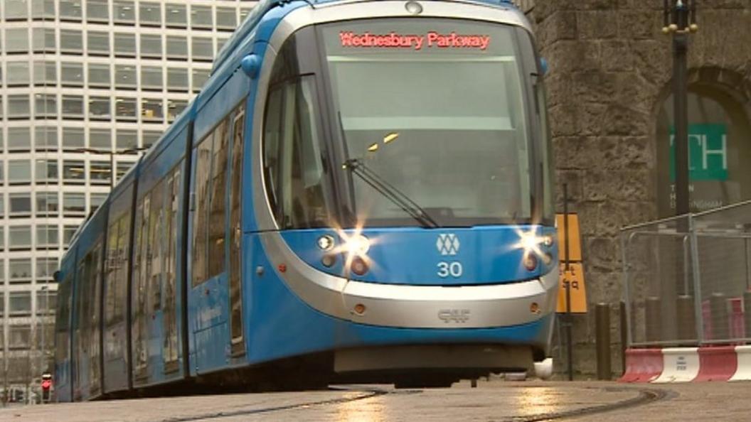 A Midland Metro tram in use