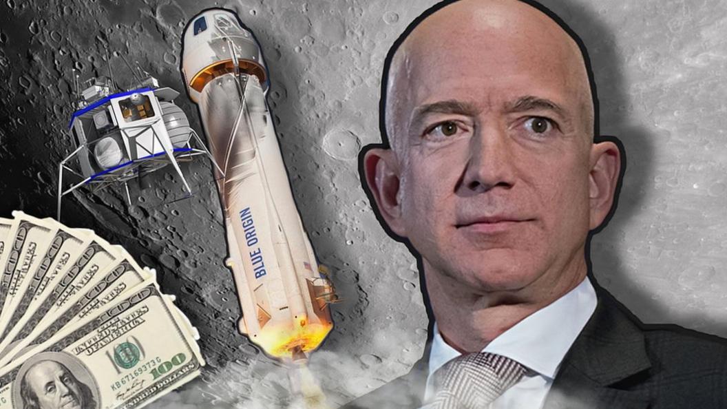 Cash, Blue origin lunar lander, rocket and Jeff Bezos in front of a lunar surface.