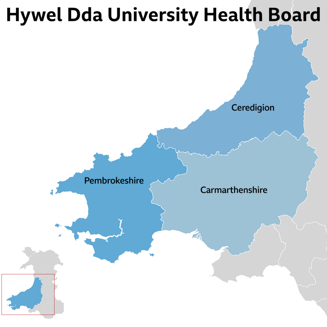 Hywel Dda University Health Board area map