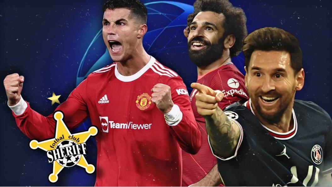 Ronaldo, Salah, Messi and the Sheriff Tiraspol logo.