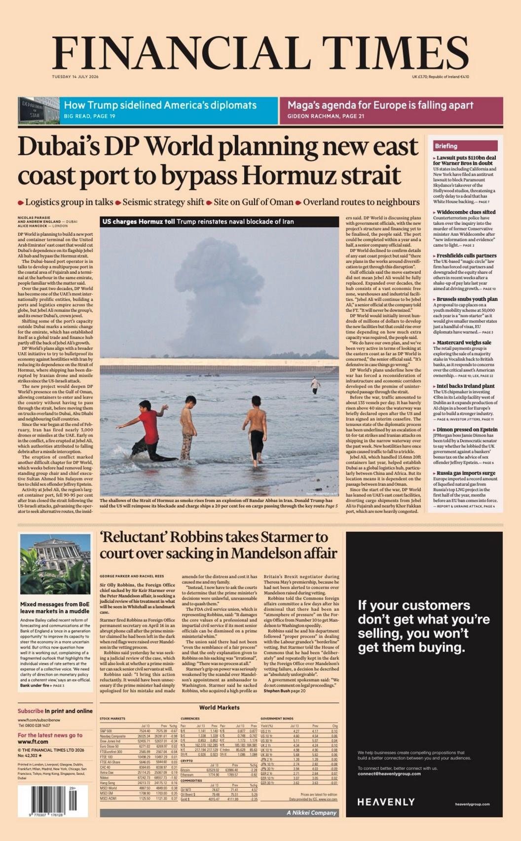 The headline on the front page of the Financial Times reads: “Dubai's DP World planning new east coast port to bypass Hormuz strait”.