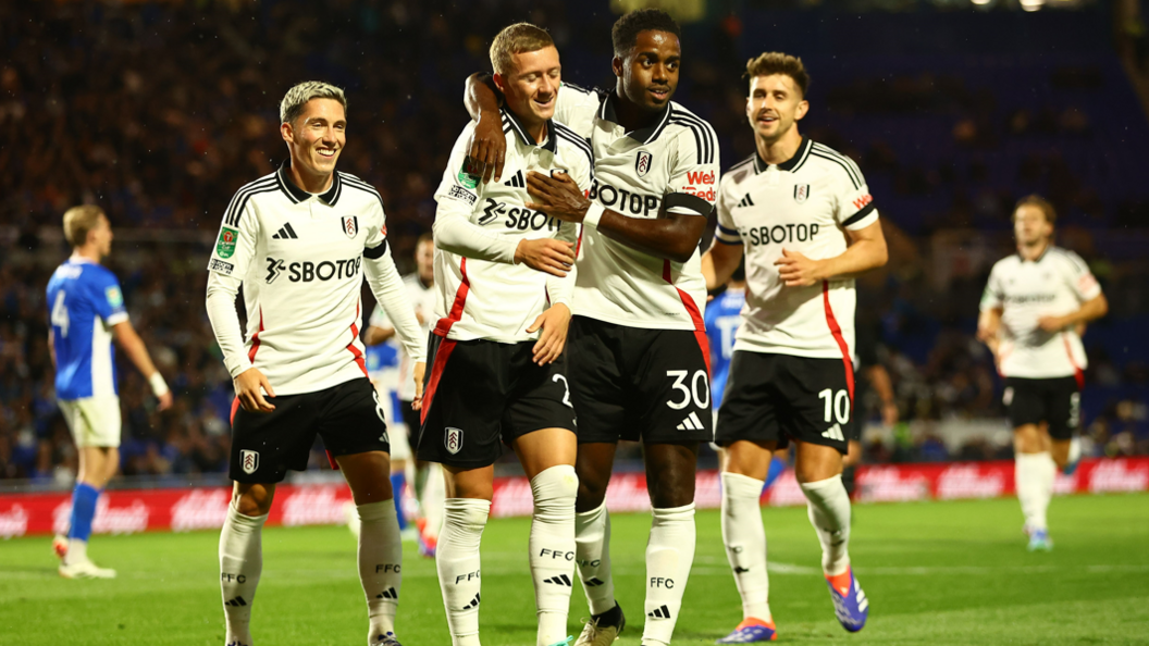 Fulham's players celebrate scoring against Birmingham City in the Carabao Cup.