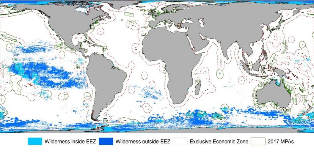 Global map showing blue shaded areas of ocean in the Arctic, Antarctic and South Pacific