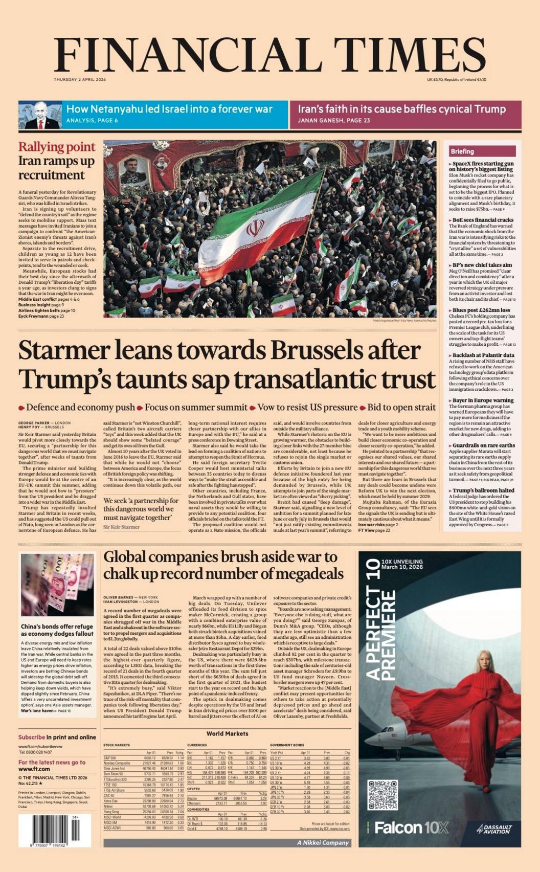 Titulli në faqen e parë të Financial Times thotë: “Starmer anon nga Brukseli pasi talljet e Trump dëmtojnë besimin transatlantik.”