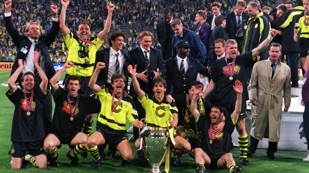 Paul Lambert (left) celebrates winning the Champions League with Borussia Dortmund in 1997