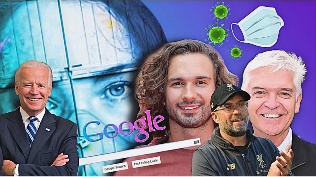 Joe Biden, A masked woman graffitti, a Google search bar, Joe Wicks, Jurgen Klopp, Philip Schofield, a mask and coronavirus spores.