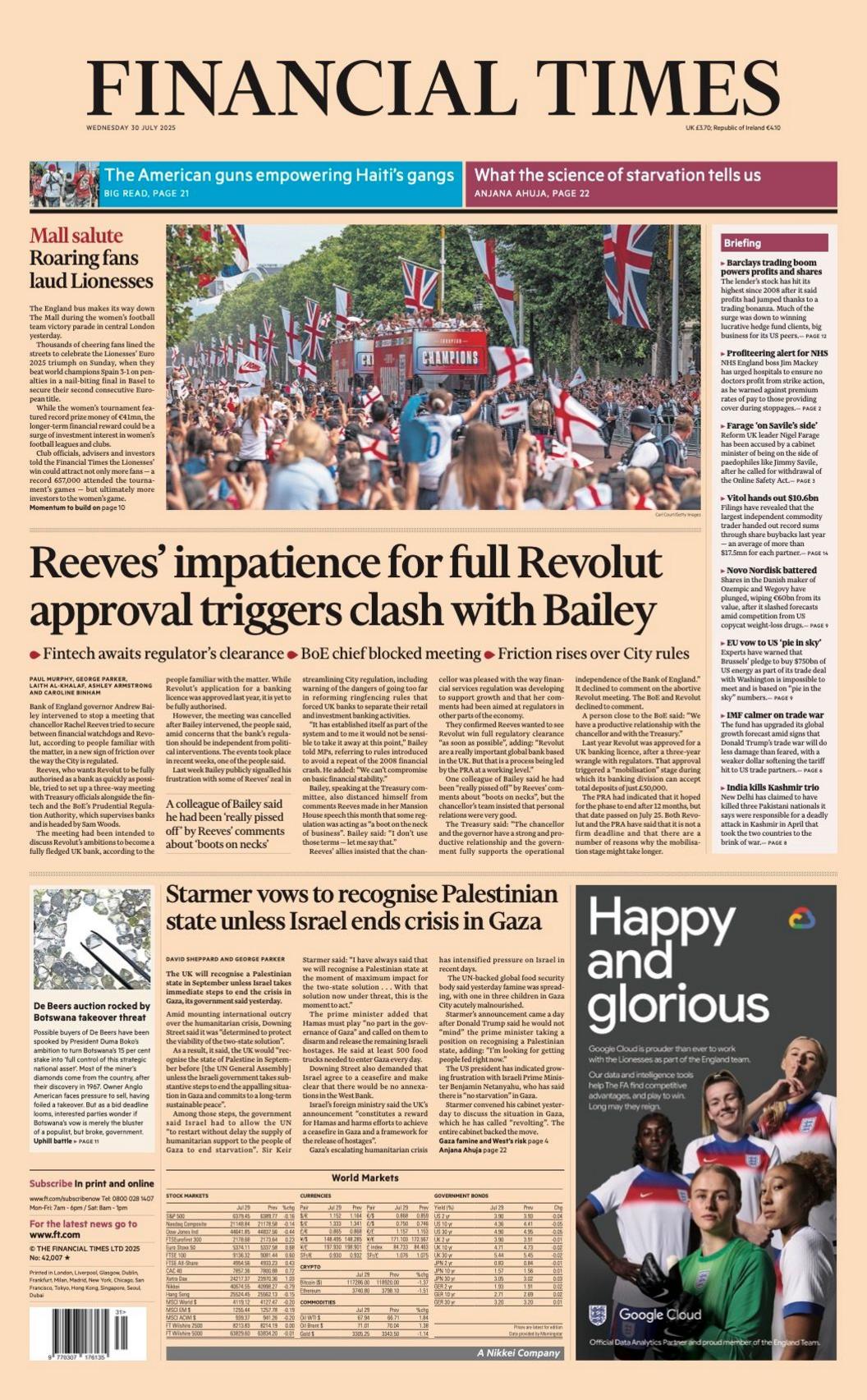 The headline on the front page of the Financial Times reads: "Reeves' impatience for full Revolut approval triggers clash with Bailey".