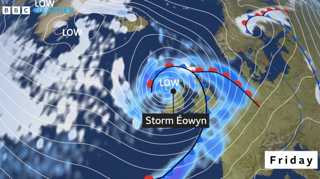 Pressure chart showing the isobars and centre of low pressure moving into the UK and Ireland on Friday.  Weather fronts with rain and hill snow are also shown.