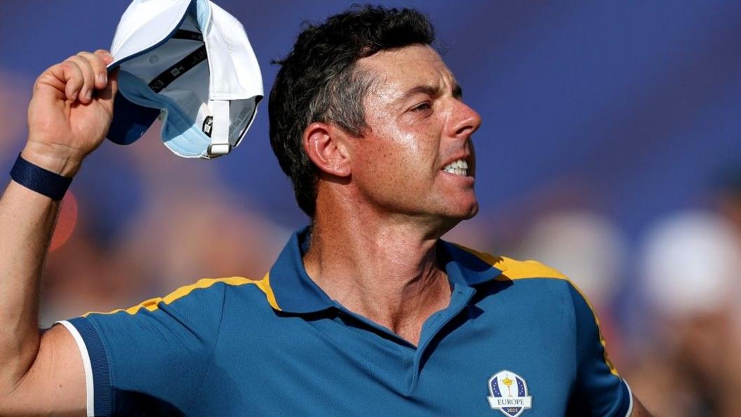 Rory McIlroy celebrates after helping Europe win the Ryder Cup in 2023