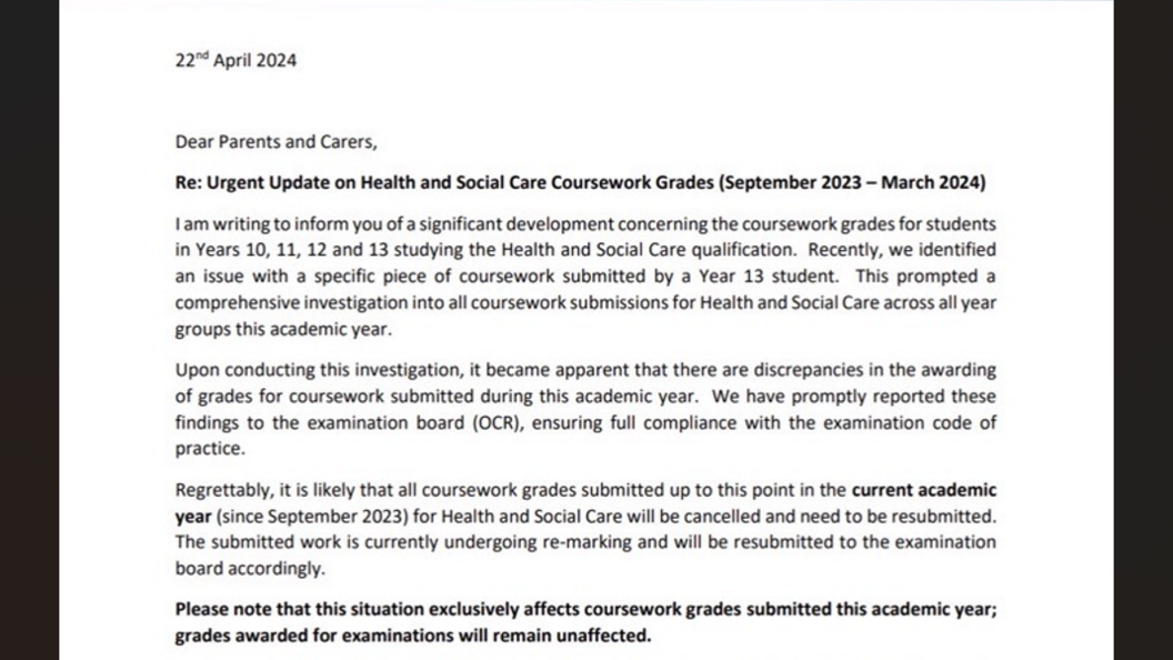 A letter from Joseph Whitaker School in Nottinghamshire to parents and carers. 