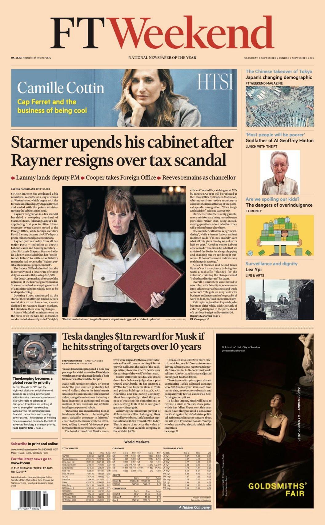 The headline on the front page of the Financial Times reads: "Starmer upends his cabinet after Rayner resigns over tax scandal".