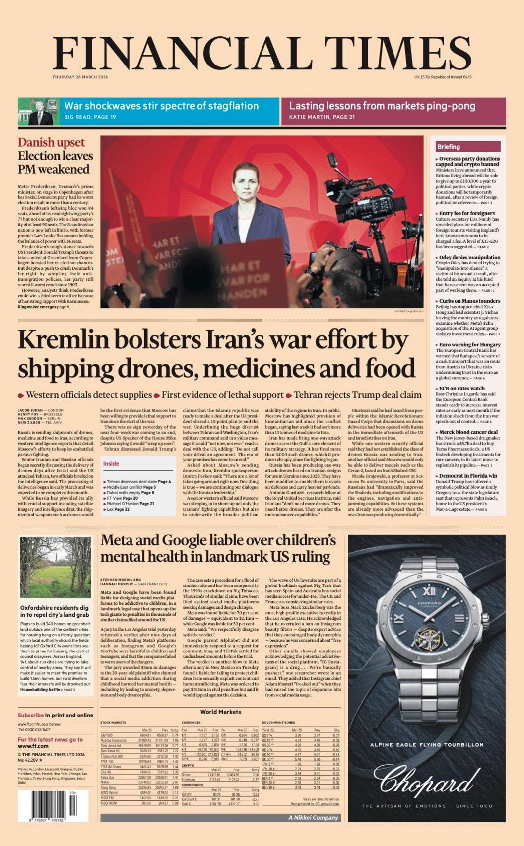 Titulli në faqen e parë të Financial Times thotë: "Kremlini mbështet përpjekjet luftarake të Iranit duke dërguar dronë, ilaçe dhe ushqime".