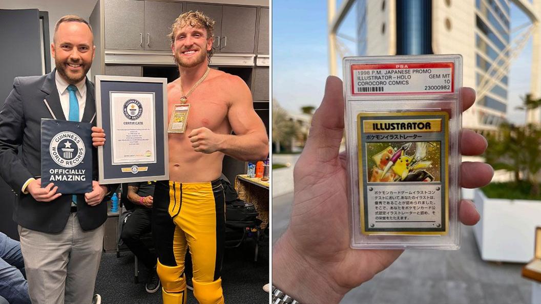 Logan Paul with Guinness world record certificate on left, and the card on the right