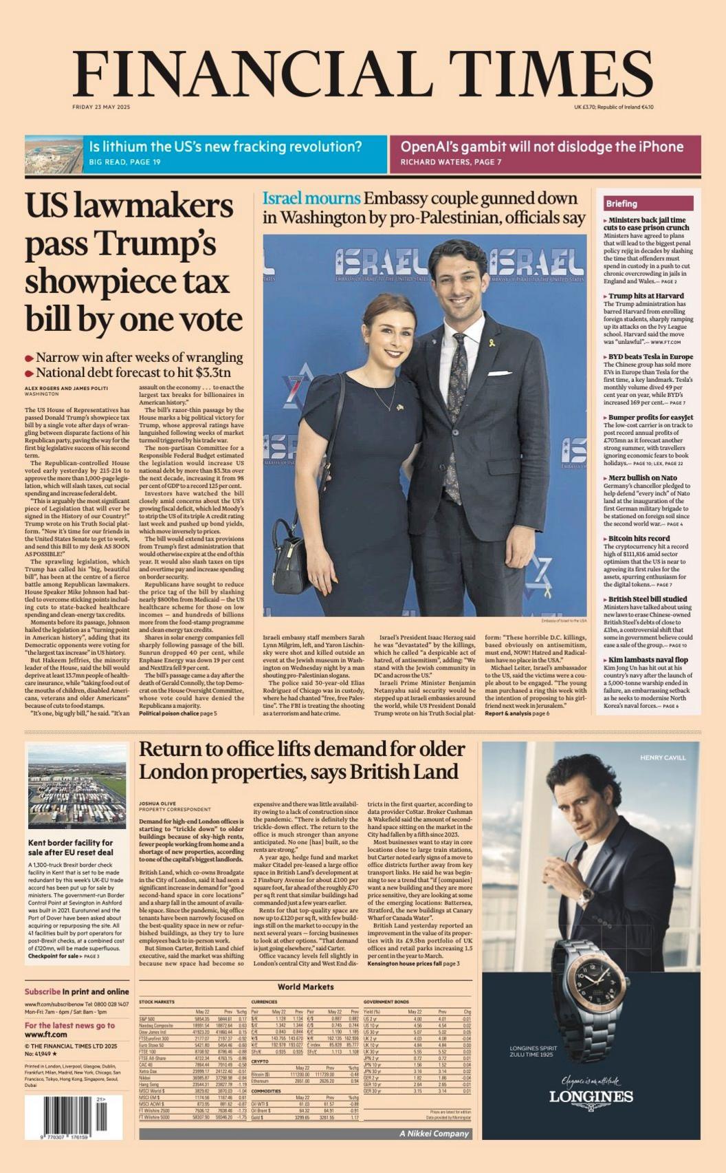 The headline on the front page of the Financial Times reads: "US lawmakers pass Trump's showpiece tax bill by one vote".
