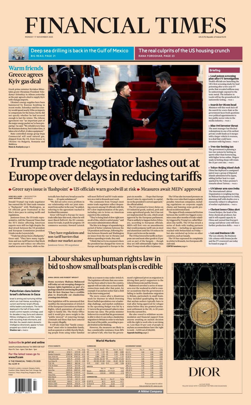 The headline on the front page of the Financial Times reads: “Trump trade negotiator lashes out at Europe over delays in reducing tariffs”.