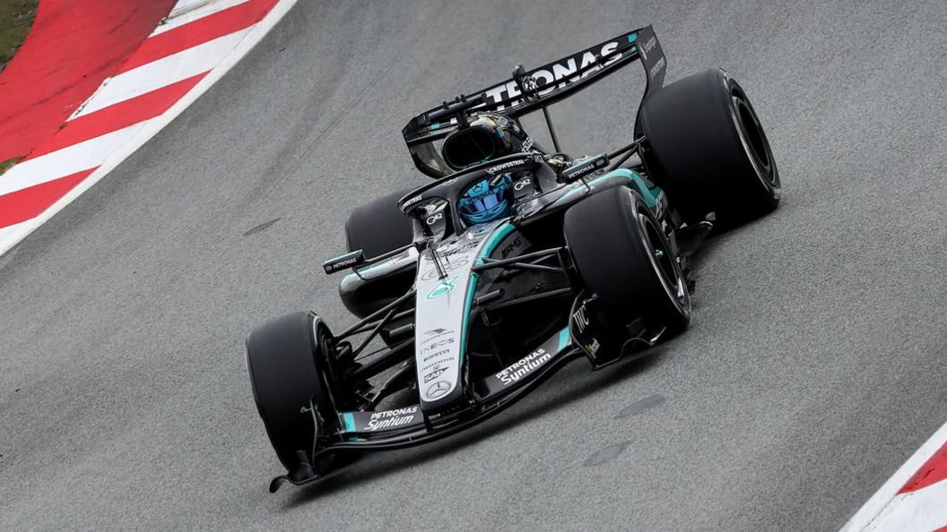 George Russell driving the 2026 Mercedes during Barcelona testing