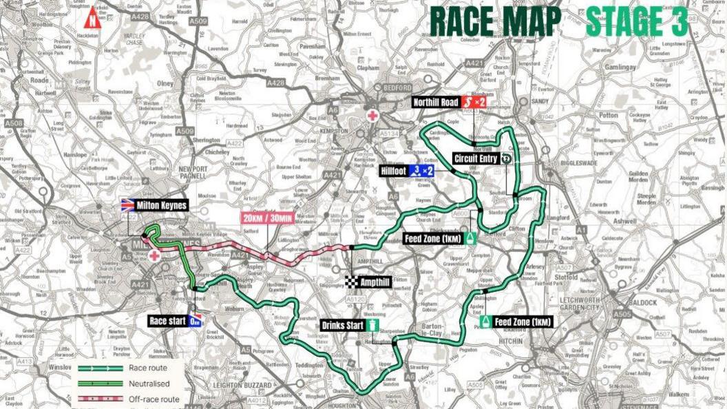 A map showing Stage 3 of The Tour of Britain race. It has a green line, with the race start and end, showing Milton Keynes and Ampthill.