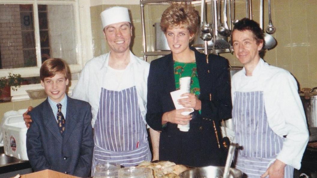 Prince William, as a child, pictured with his mother, Princess Diana, in the kitchens of the Passage homelessness charity in December 1993