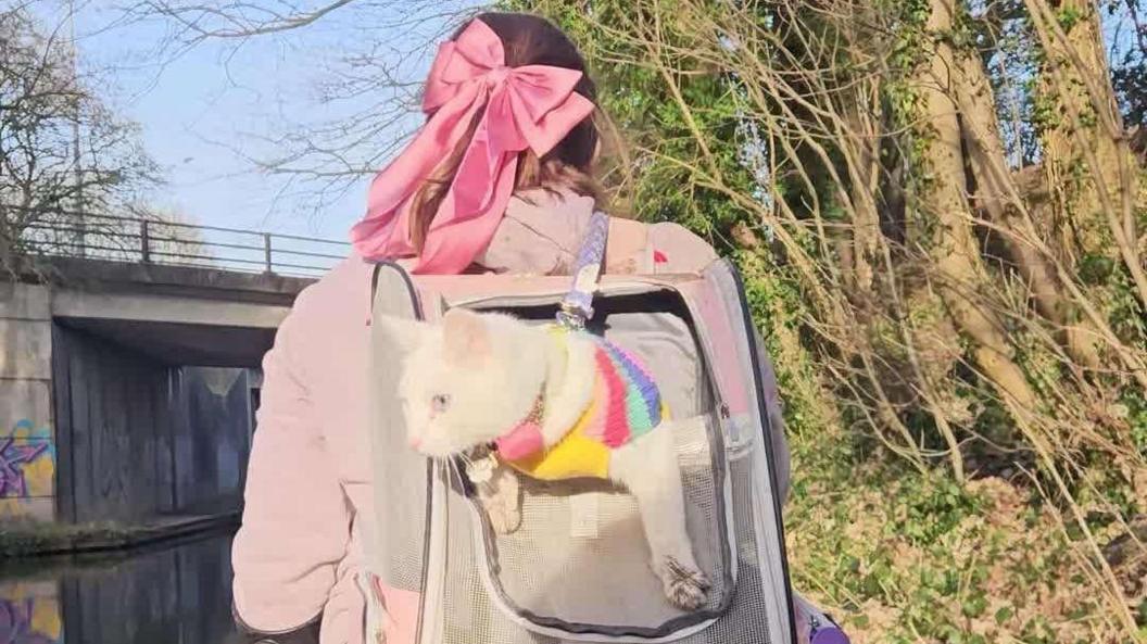 A woman walking along a canal towpath with a cat in a colourful harness in a backpack. The woman is wearing a pink jacket and has a pink bow in her hair.