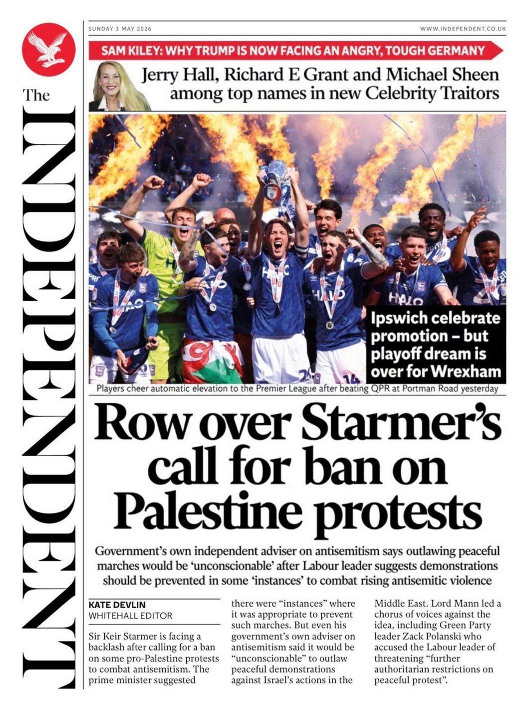 “Debat rreth thirrjes së Starmer për ndalimin e protestave në Palestinë”, thuhet në titullin kryesor të faqes së parë të gazetës Independent.