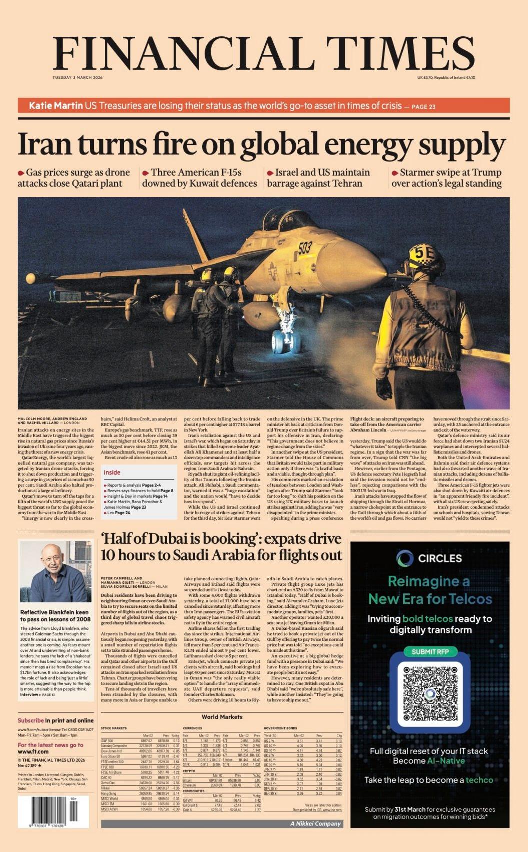 Titulli në faqen e parë të Financial Times thotë: “Irani i hedh zjarr furnizimit global me energji”.