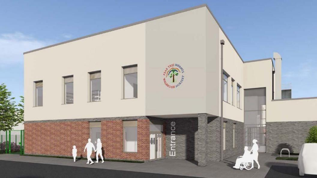 An artist's impression of the new school building, which has a brown and grey brick ground floor, and a second storey clad in grey concrete.