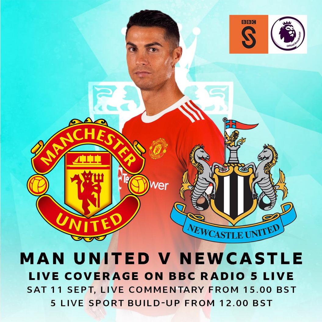 Graphic advertising Man Utd v Newcastle being on BBC Radio 5 live