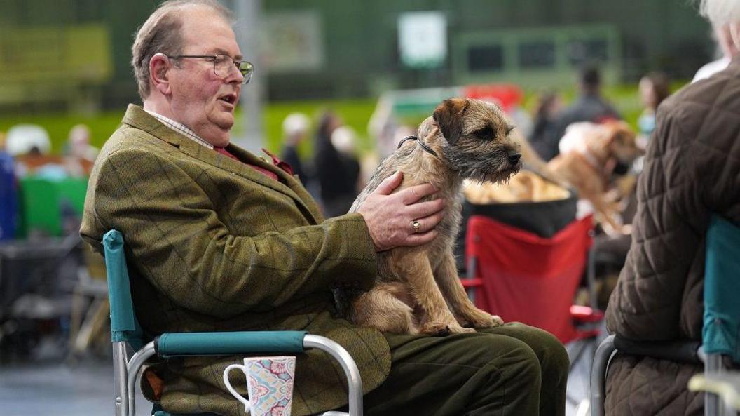 A handler with their border terrier. The man is sat on a metal folding chair and wears a green jacket with a slight thin green check and green trousers. The terrier, with brown, white and grey hair, sits on his lap.