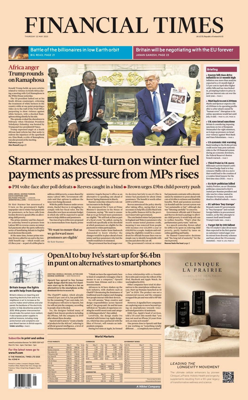 The headline on the front page of the Financial Times reads: "Starmer makes U-turn on winter fuel payments as pressure from MPs rises".