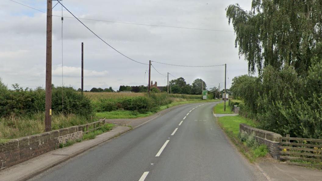 A grey road surrounded by trees, grass and brick walls either side.