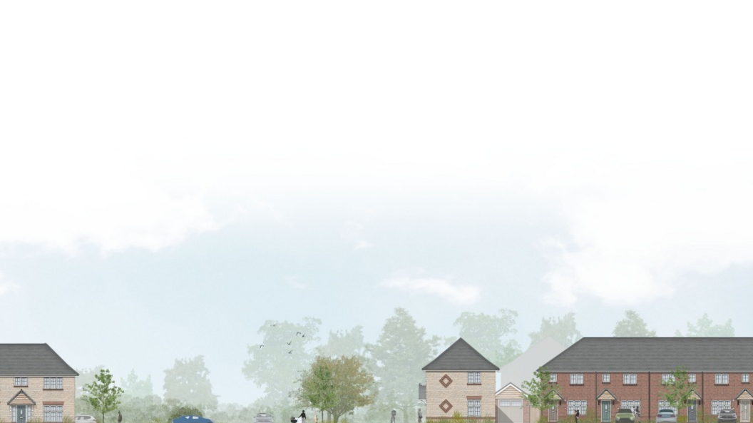 An image that shows how the designs will look when built. On the right of the image, a row of red brick attached housing can be seen. Next to the red brick housing, a semi-detached house, with white brick, is pictured. Further down the road, we can see the start of a row of white brick houses. 