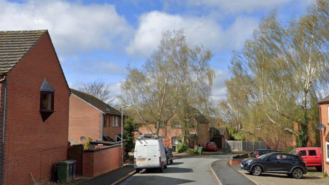 A street view image of a road with houses on each side and cars parked on the road. The homes are made of red brick and there is a white van on the road nearest the camera. A couple of trees are next to the homes.