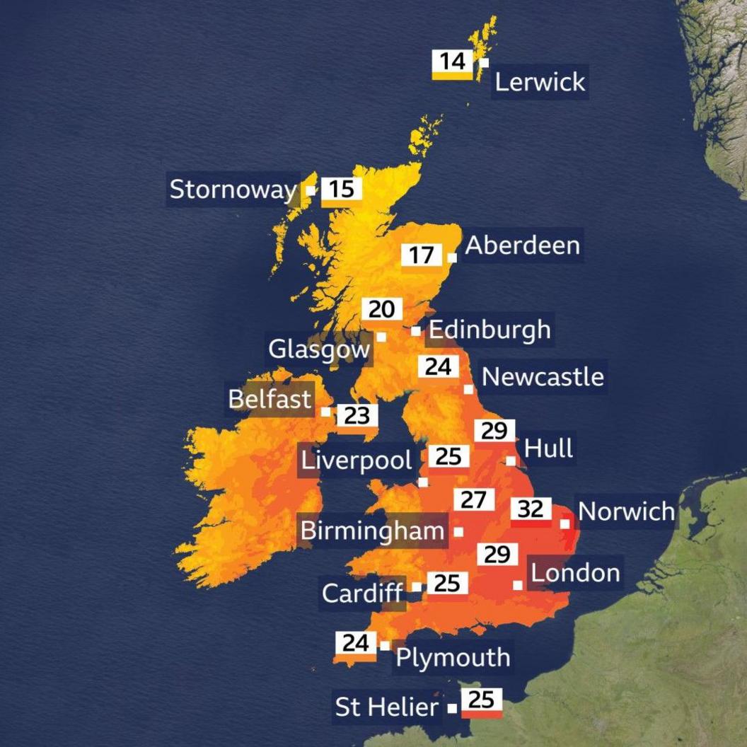 A heat map of the United Kingdom for Tuesday coloured in orange, yellow and red with top temperatures show in numbers for some major cities. The highest is 32C in Norwich