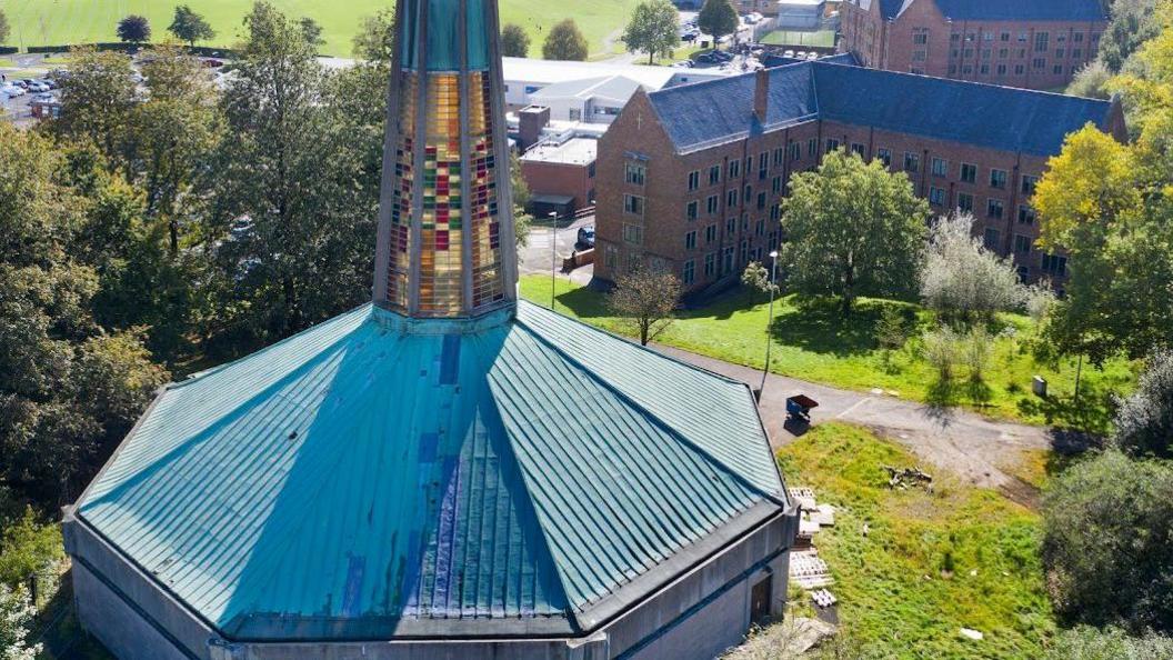 Aerial view of Hopwood Hall Chapel, Rochdale Road, Rochdale on a sunny day.