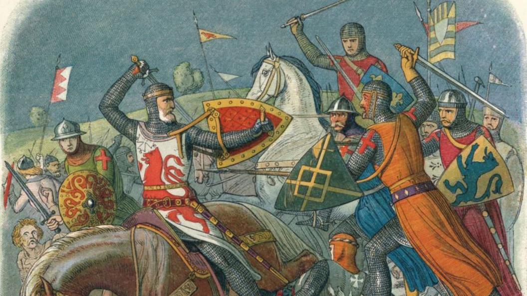 A drawing of several knights fighting, some of them on horseback, with a number of the knights wearing red crosses on their shoulders