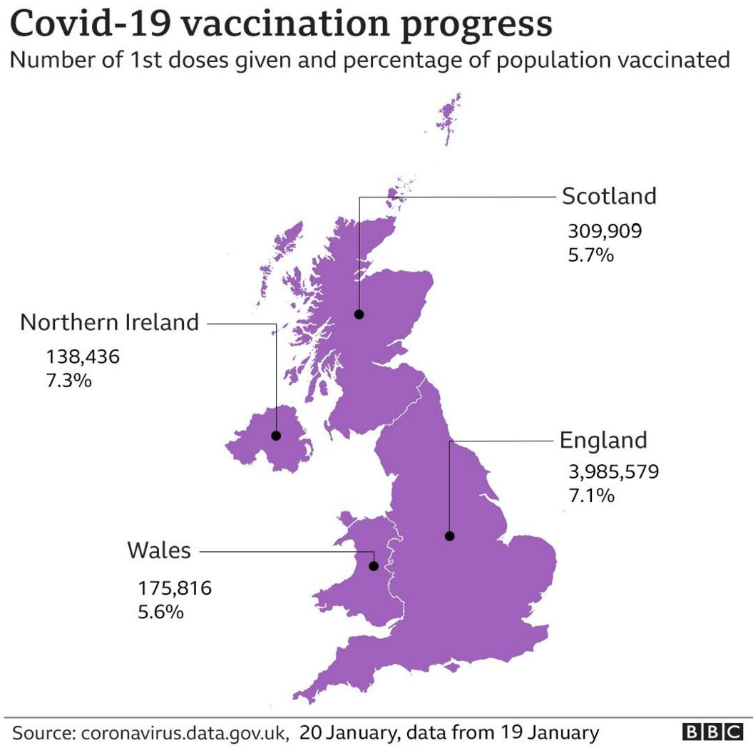 UK map of Covid-19 vaccinations by number and % of population