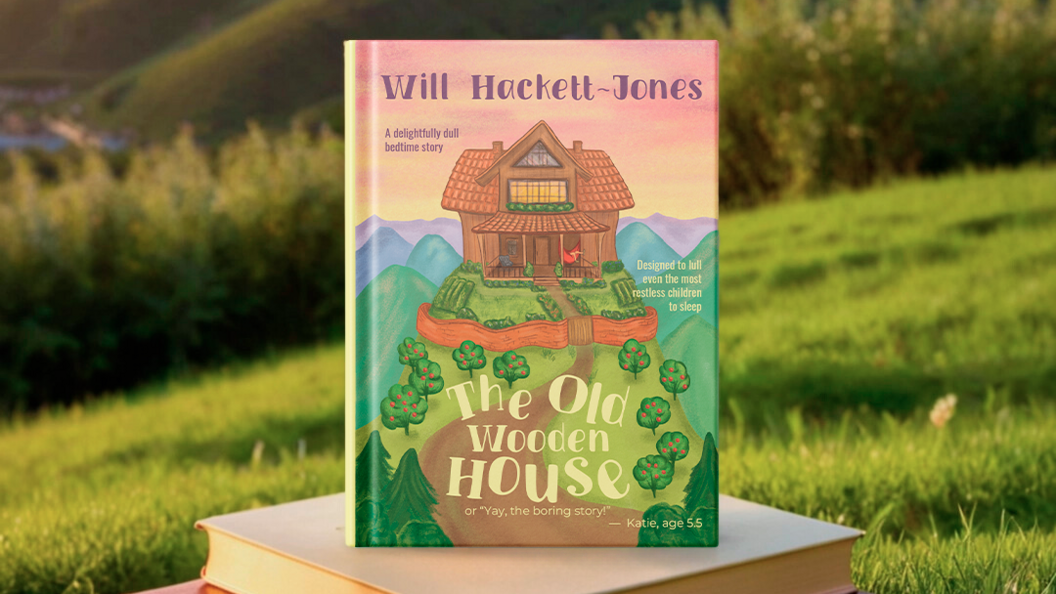 A book with the title The Old Wooden House written on the front. The picture is of a wooden house on top of a hill.