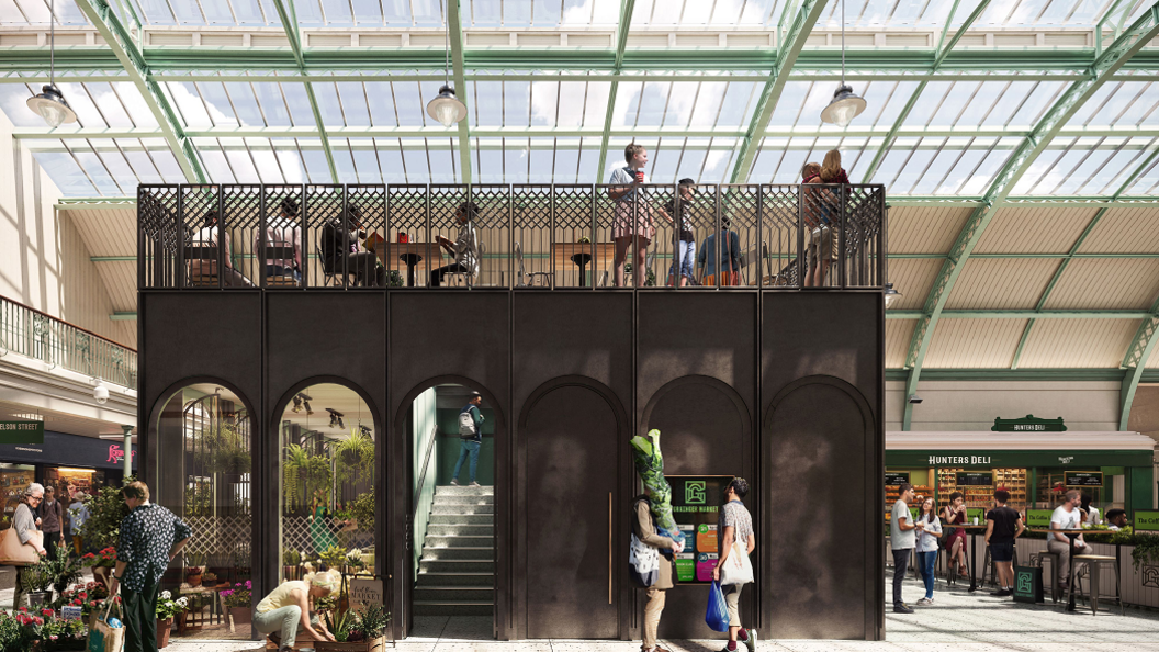 A CGI image of how Grainger Market would look after the renovation. There is a flower and a food stall. People are walking around and having food and drinks. 