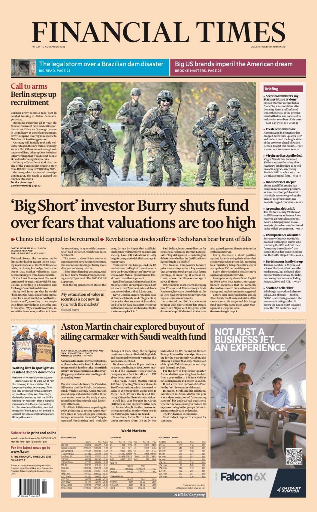 The headline on the front page of the Financial Times reads: "Call to arms: Berlin steps up recruitment".