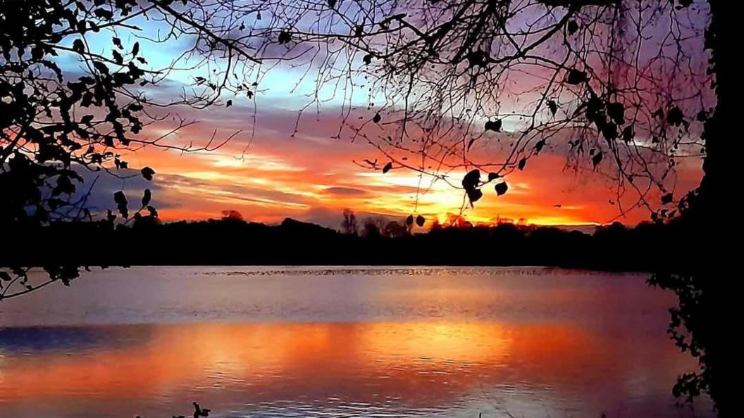 The sun dropping over a lake with trees in the distance. The sky has been changed to orange, red and yellow colours which is reflected in the surface of the water.
